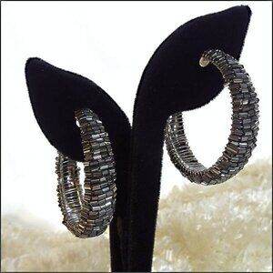 1980s Silver Hematite Gem Big Hoop Vintage Pierced Earrings